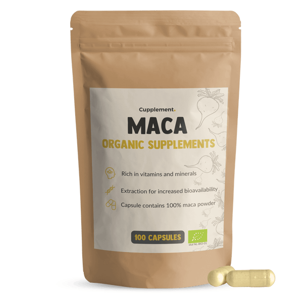Maca powder capsules organic packshot front