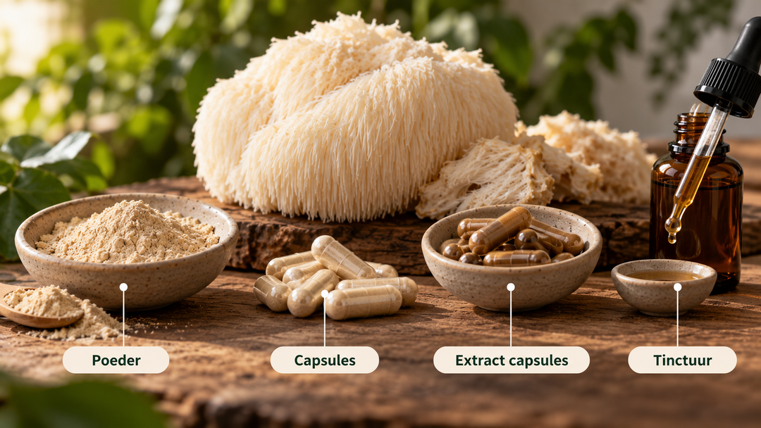 Lion's mane supplementen op een houten ondergrond