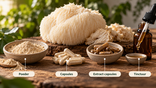 Lion's mane supplementen op een houten ondergrond