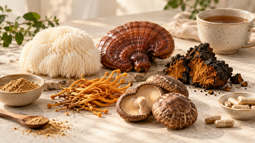 Rustieke wellnesscompositie met verschillende paddenstoelen