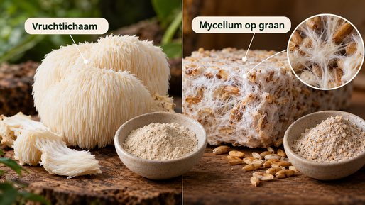 Vruchtlichaam van een paddenstoel naast mycelium dat op graan is gekweekt
