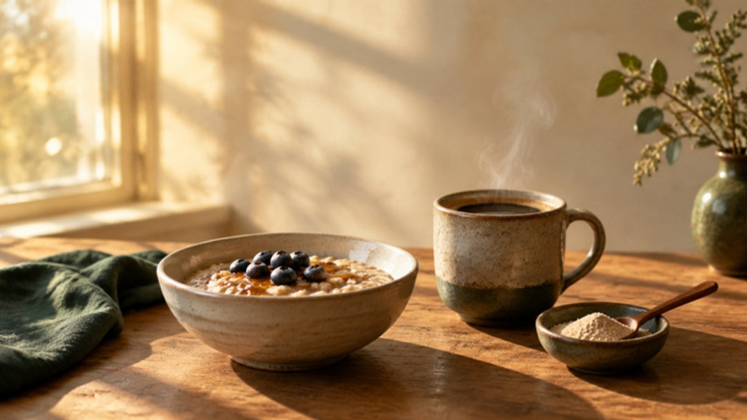 Ontbijttafel met koffie en lion's mane poeder in ochtendlicht