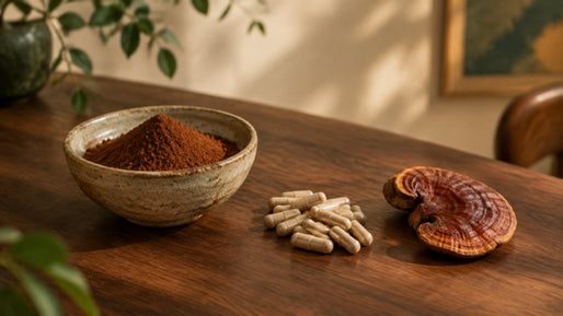 Reishi poeder, capsules en een gedroogde plak reishi