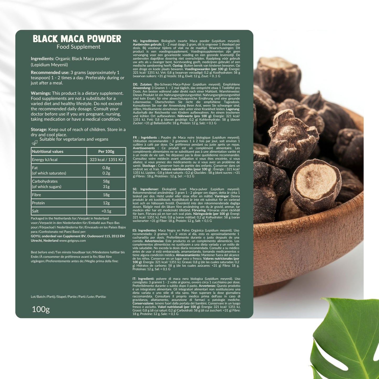 Biologisch Zwarte maca poeder goyu superfood supplement