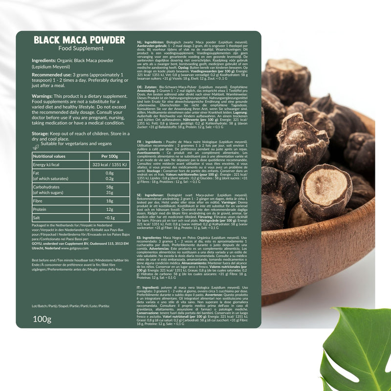 Biologisch Zwarte maca poeder goyu superfood supplement
