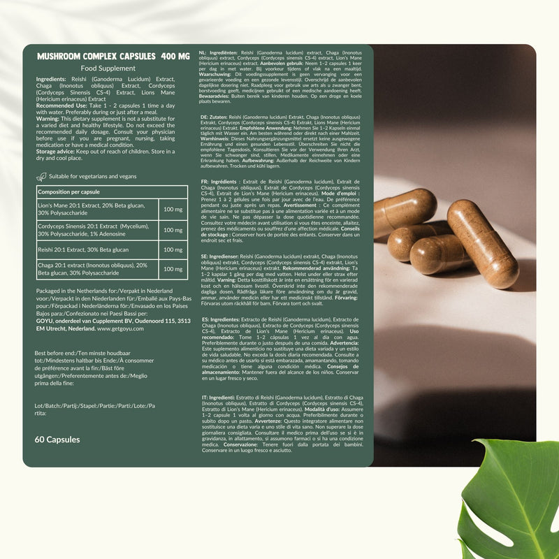 Biologische Paddenstoel complex extract capsules goyu superfood supplement