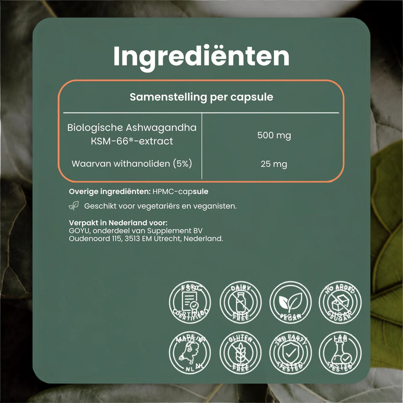Biologische Ashwagandha KSM-66 extract capsules goyu superfood supplement