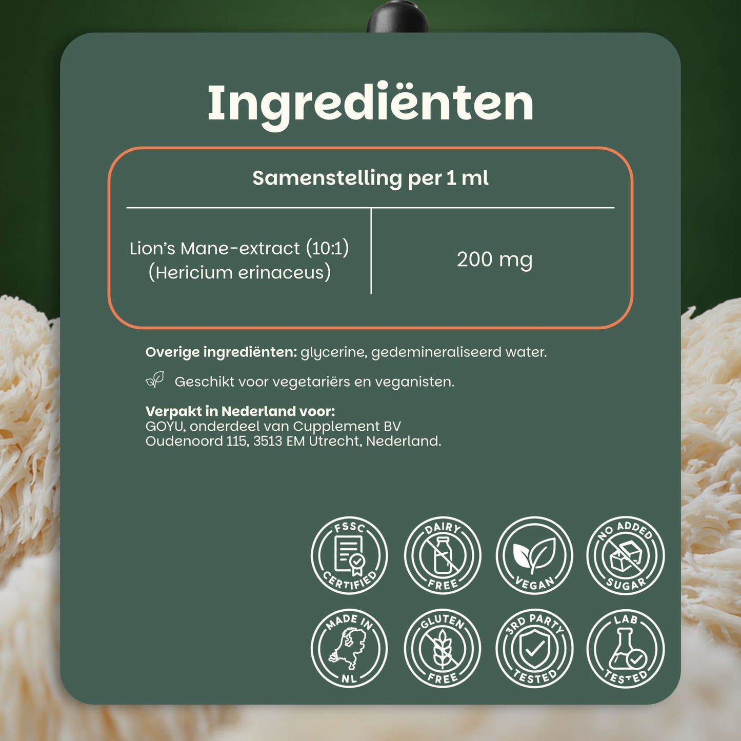 Etiket van Lion's Mane tinctuur 10:1 alcoholvrij van GOYU