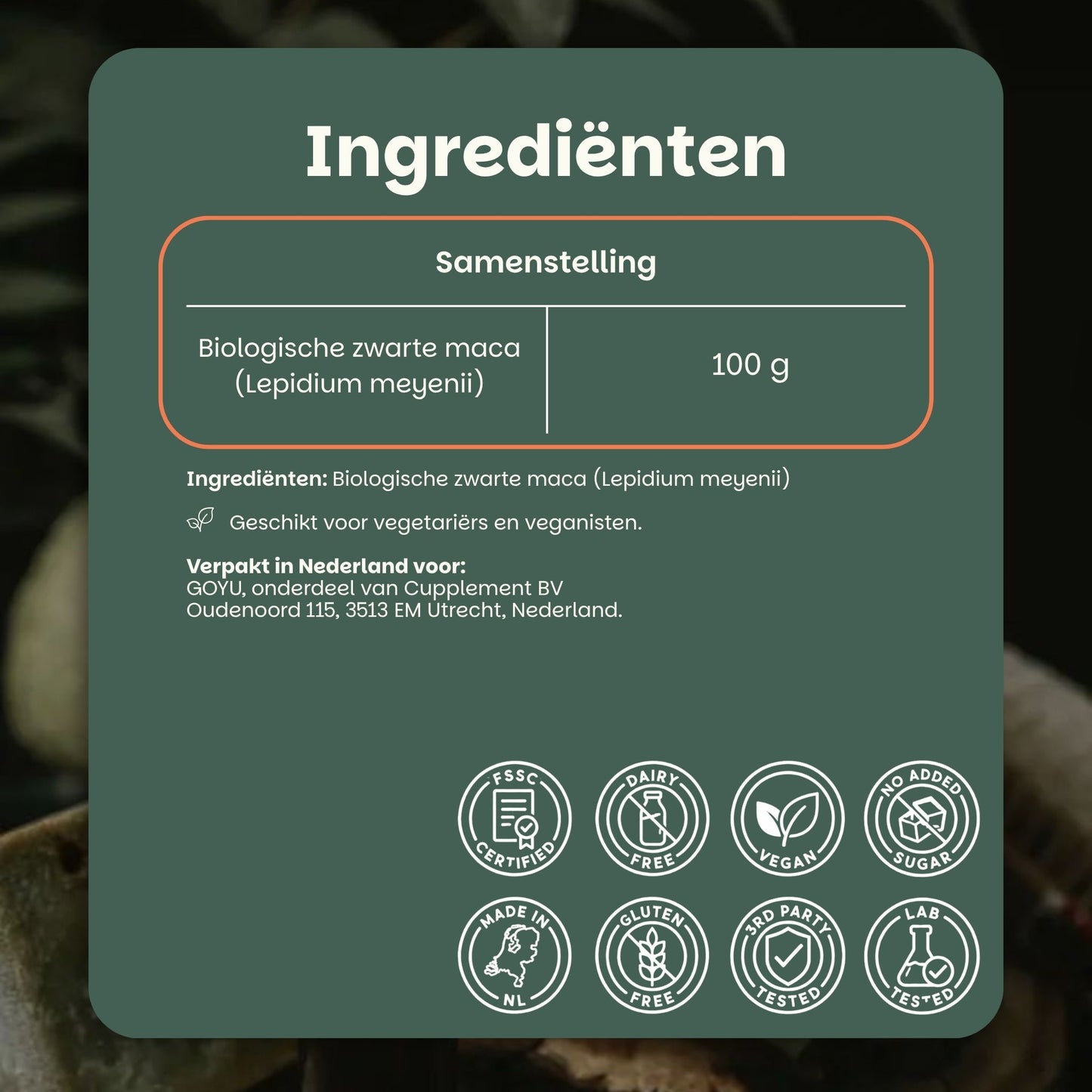 Biologische Zwarte maca poeder goyu superfood supplement