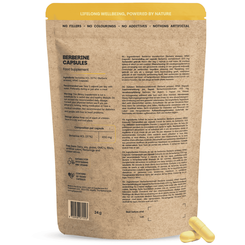 GOYU Berberine Extract capsules 400 mg - achterkant verpakking met productinformatie