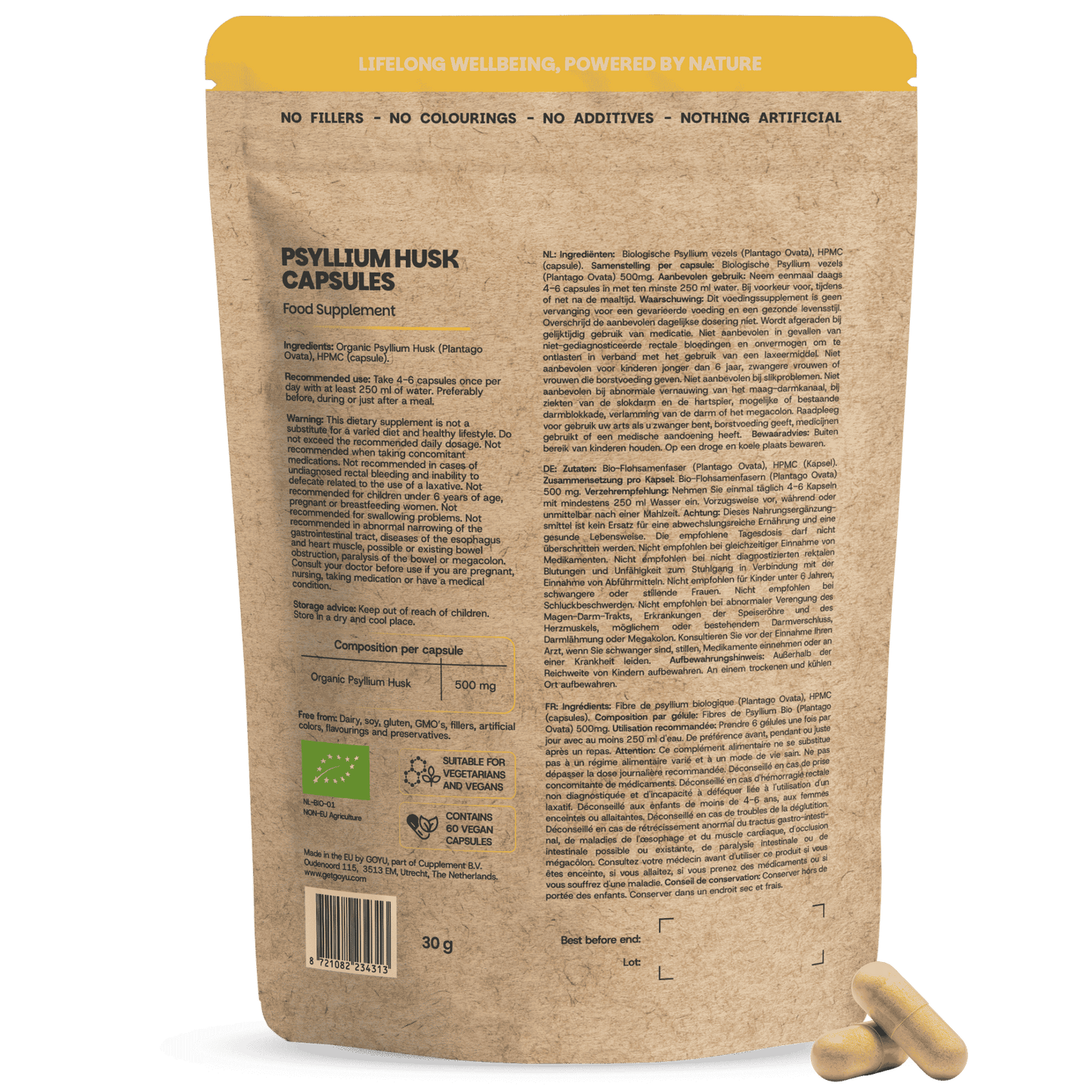 Biologische Psylliumvezels capsules goyu superfood supplement