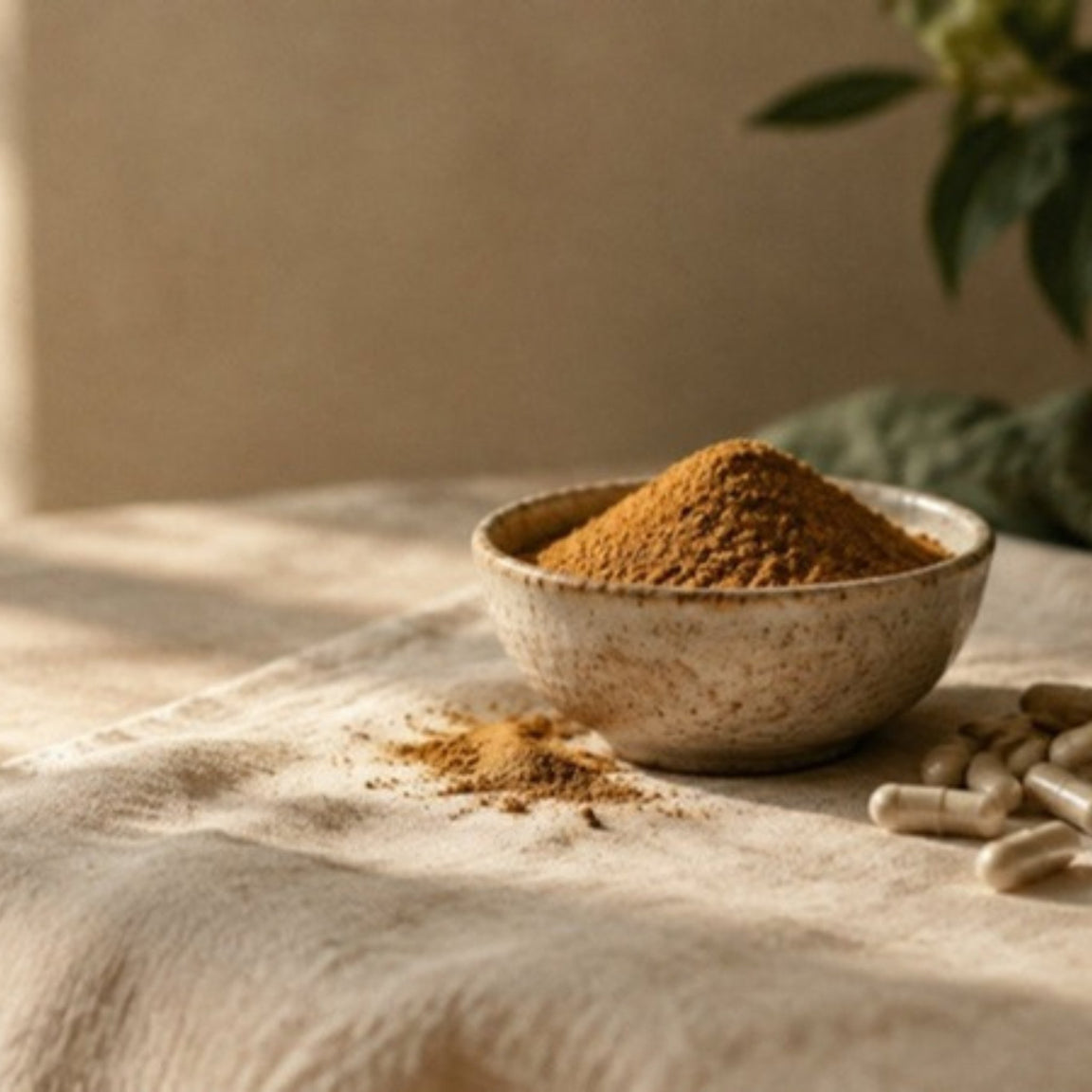 Cordyceps poeder in een schaaltje met capsules