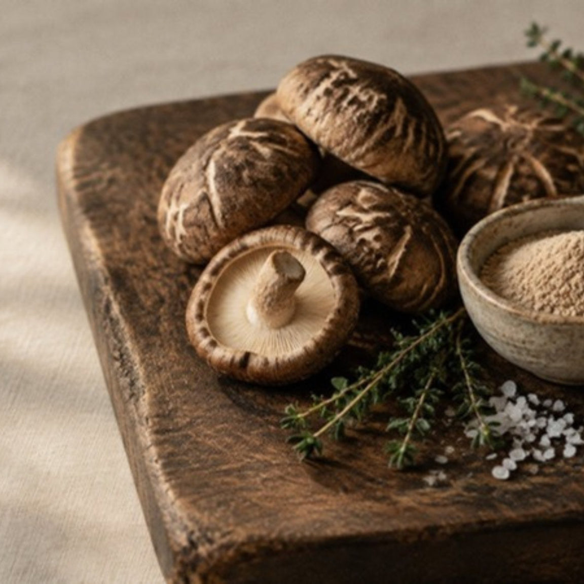 Shiitake paddenstoelen en shiitake poeder op een houten plank